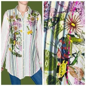 NWT Chico’s Beaded Embroidery Floral Nature Bugs Button Down Shirt